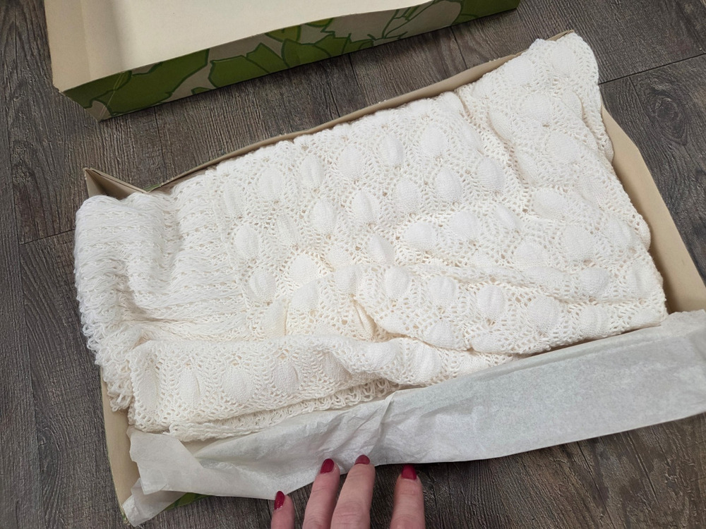 1950s 1960s Handmade White Baby Crocheted Baby Afghan Blanket in Vintage Box